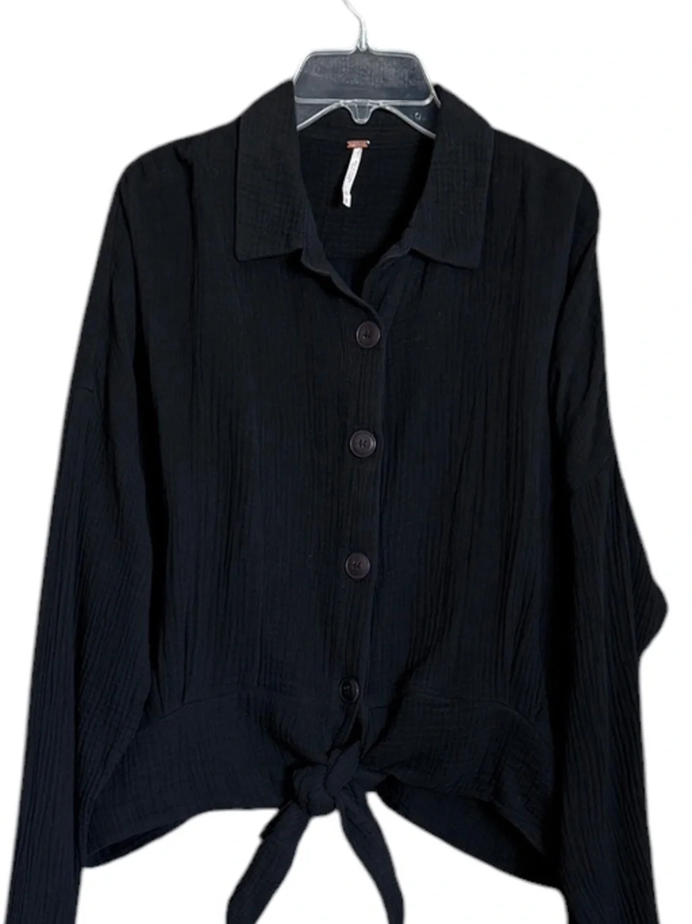 Free People Black Double Gauze Tie Front Button Down Oversized Shirt Top Size L